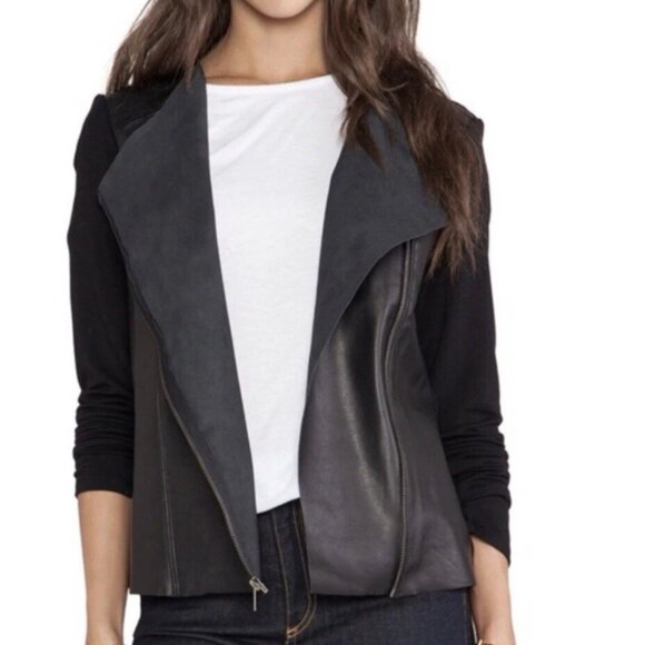 Women Michael Stars Moto Jacket Sweater Black Leather Mix Size M Goth Modern - Picture 2 of 11